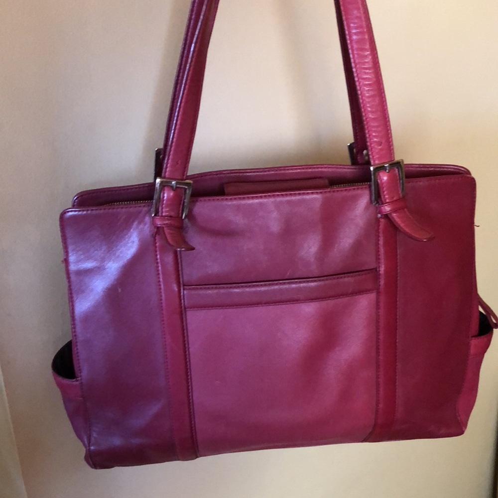 FRANKLIN COVEY Red Leather Briefcase Purse Executive Size Dual Strap TOTE Zipper